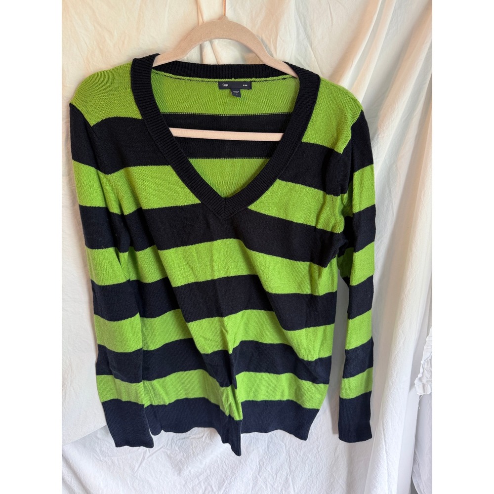 Gap Womens V-Neck Sweater Large Lime Green Navy Blue Striped Long Sleeve Knit